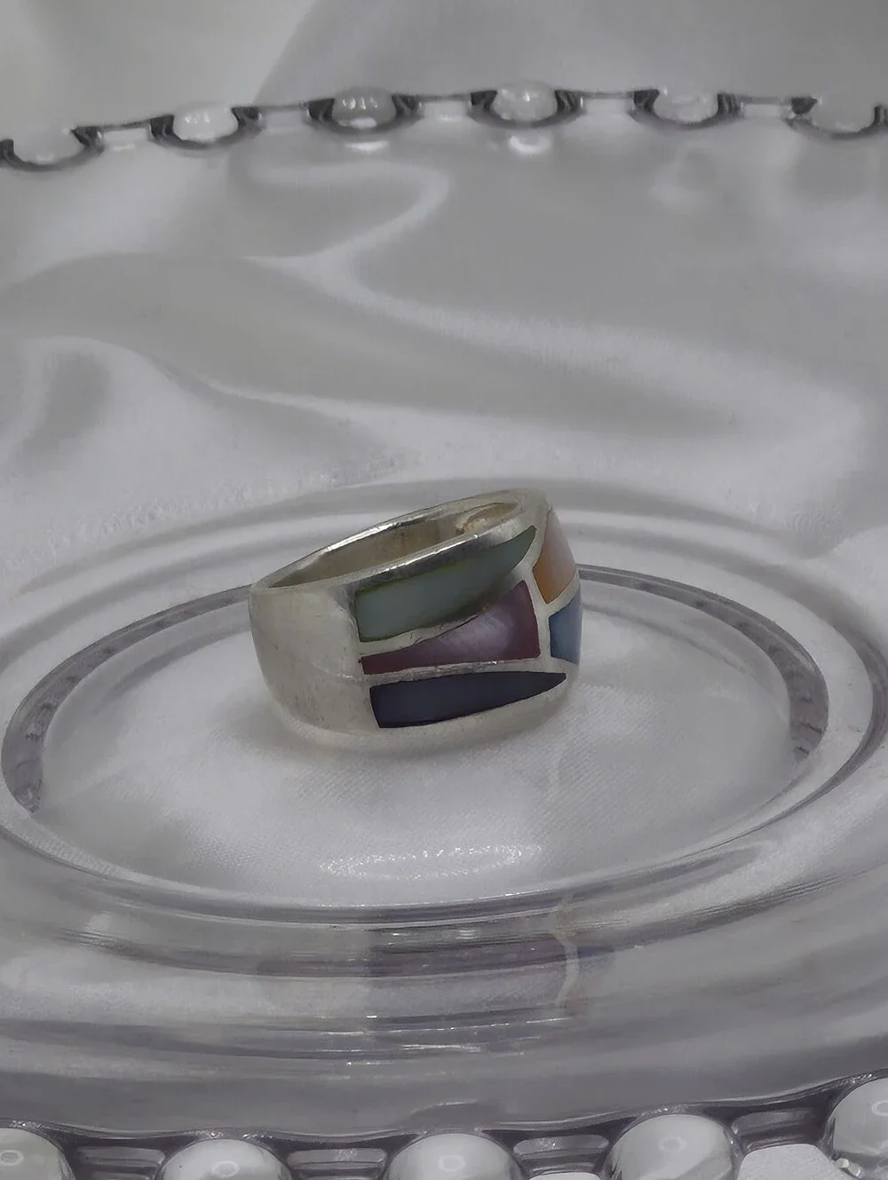 Sterling Silver Multicolor Pastel Mother Of Pearl (MOP) Inlay Band Ring Mosaic